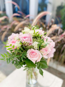 Alix bouquet by Margot Floral Design. A fresh flower bouquet composed of Pink Hydrangeas, Baby Pink O'Hara Roses, White O'Hara Roses, and Foliage. Medium size.