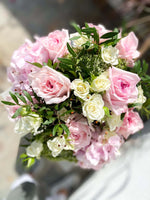 Load image into Gallery viewer, Alix bouquet by Margot Floral Design. A fresh flower bouquet composed of Pink Hydrangeas, Baby Pink O&#39;Hara Roses, White O&#39;Hara Roses, and Foliage. Large size.
