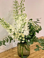 Load image into Gallery viewer, Elise bouquet by Margot Floral Design. A fresh flower bouquet composed of White Delphinium, Mini Daisy, ans Eucalyptus.
