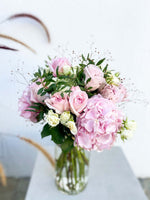 Load image into Gallery viewer, Alix bouquet by Margot Floral Design. A fresh flower bouquet composed of Pink Hydrangeas, Baby Pink O&#39;Hara Roses, White O&#39;Hara Roses, and Foliage. Large size.
