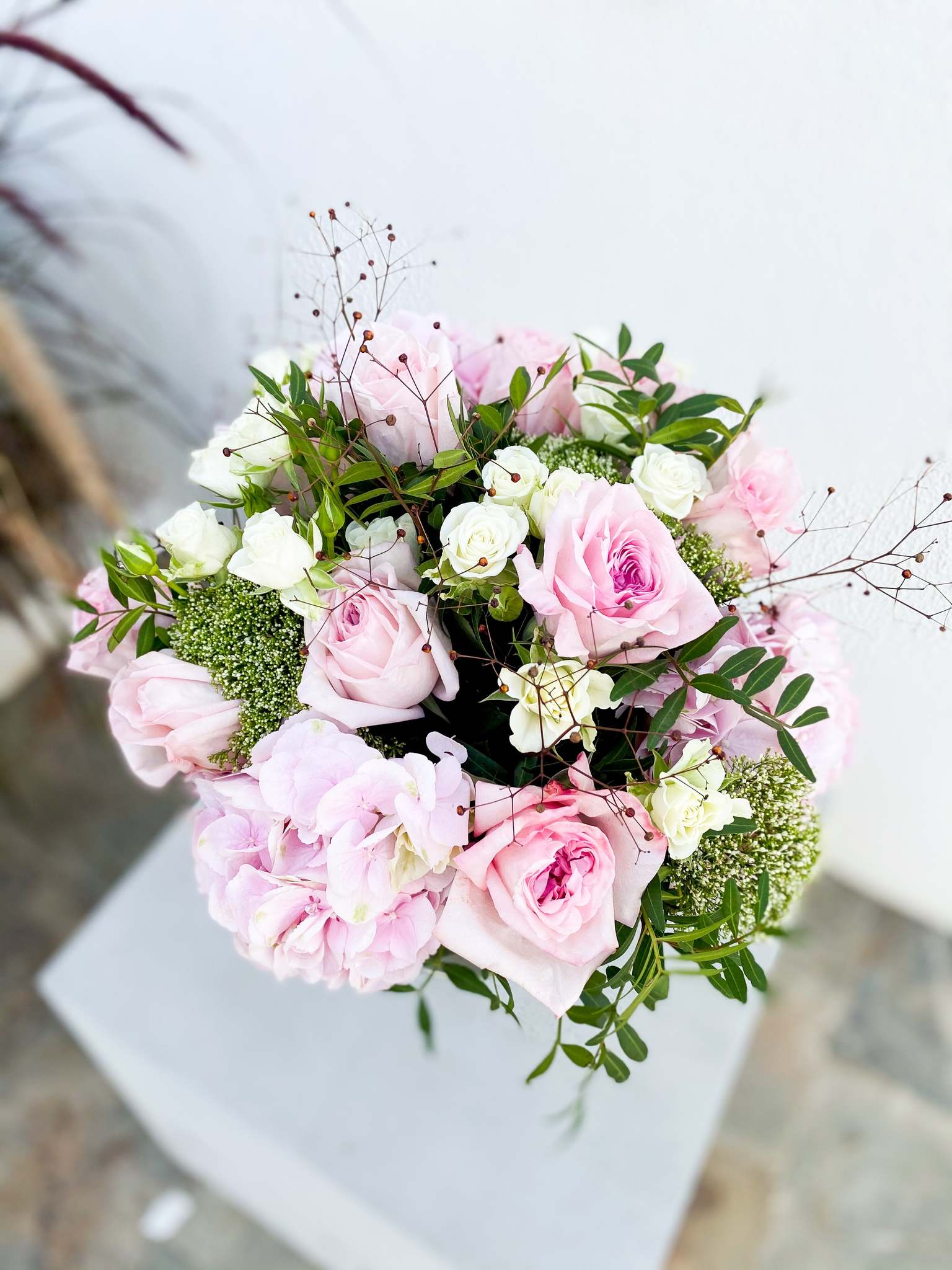 Alix bouquet by Margot Floral Design. A fresh flower bouquet composed of Pink Hydrangeas, Baby Pink O'Hara Roses, White O'Hara Roses, and Foliage. Large size.
