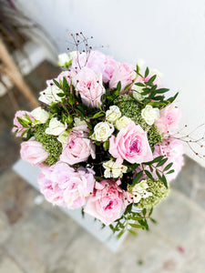 Alix bouquet by Margot Floral Design. A fresh flower bouquet composed of Pink Hydrangeas, Baby Pink O'Hara Roses, White O'Hara Roses, and Foliage. Large size.