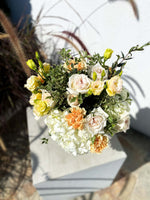 Load image into Gallery viewer, Gabriella bouquet by Margot Floral Design. A fresh flower bouquet composed of Pink Roses, White Hydrangeas, Orange and Yellow Carnations. Medium size.
