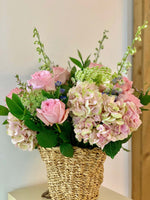 Load image into Gallery viewer, Romane bouquet by Margot Floral Design. A fresh flower bouquet composed of Soft Pink Hydrangea, Soft Pink Garden Roses, White Delphinium, Wax, Ammi, Limonium, and Greeneries. Meduim size.
